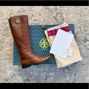 Tory Burch women’s junction riding boots in almond